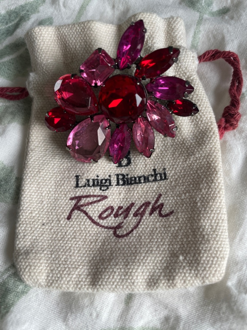 Luigi Bianchi Rough Pink and Red Rhinestone Flower Brooch